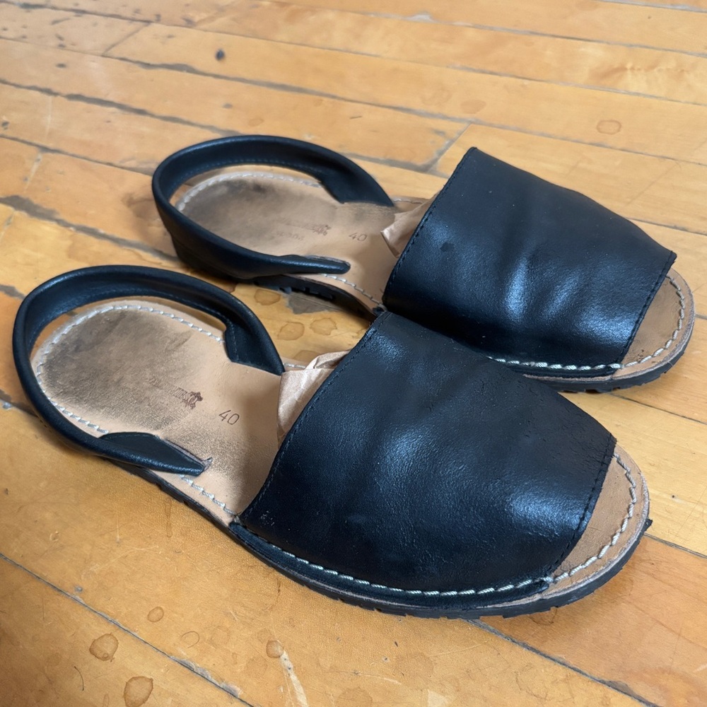 Spanish Menorca Avarcas Black Leather Slide Sandals - Size 40